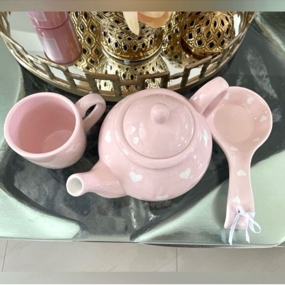 NWT Terramoto Heart Pink Heart Teapot and 1 cup and Spoon Rest - Picture 3 of 12